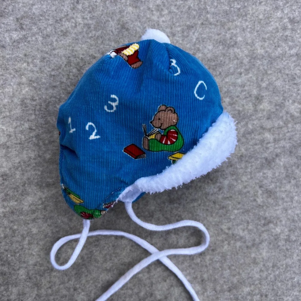OshKosh VTG Trapper Hat Newborn Baby Blue Corduroy Good Bear ABC 123 Fleece